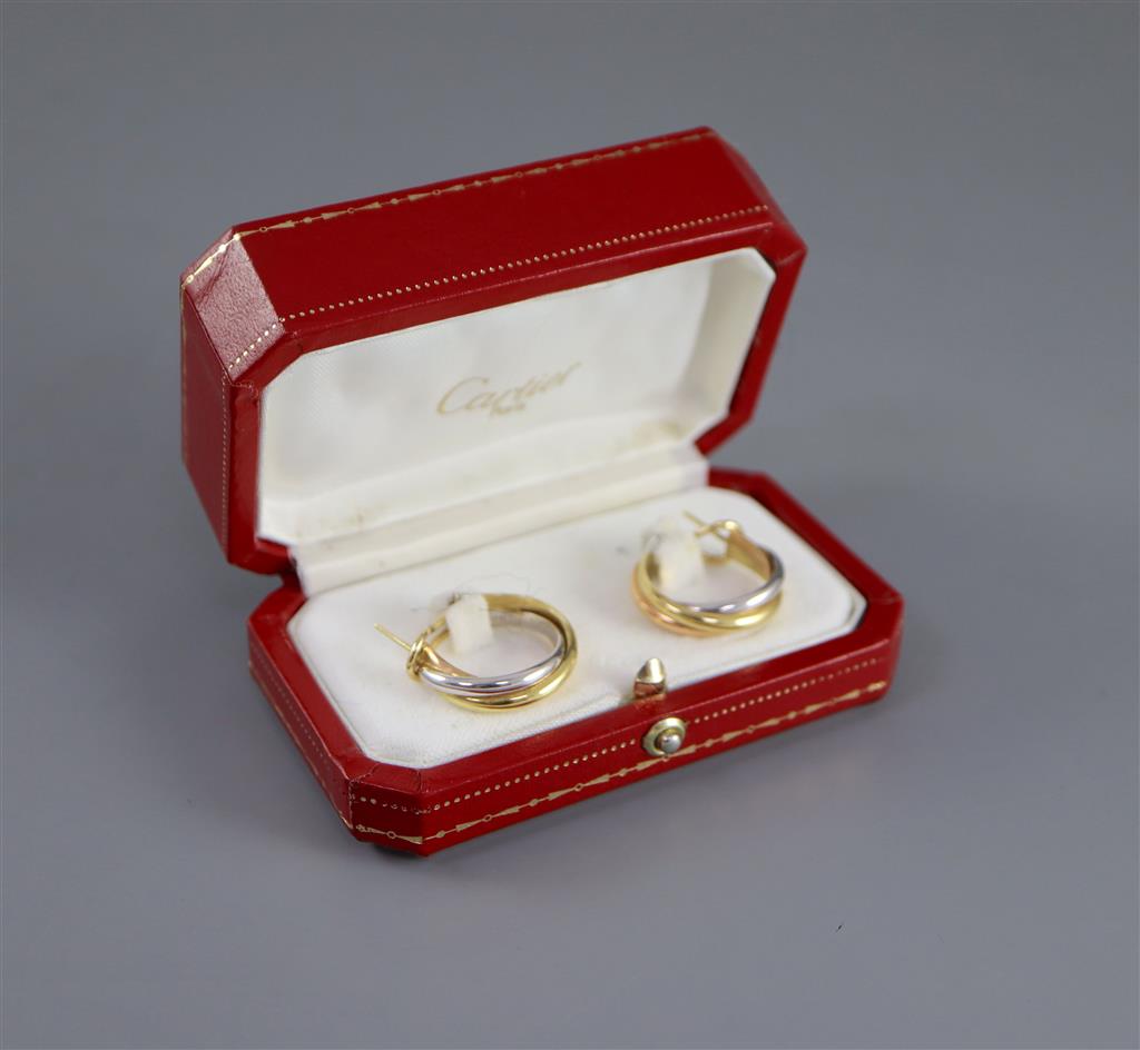 A pair of modern Cartier 18ct three colour gold hoop earrings, signed and numbered 775302, in Cartier box.